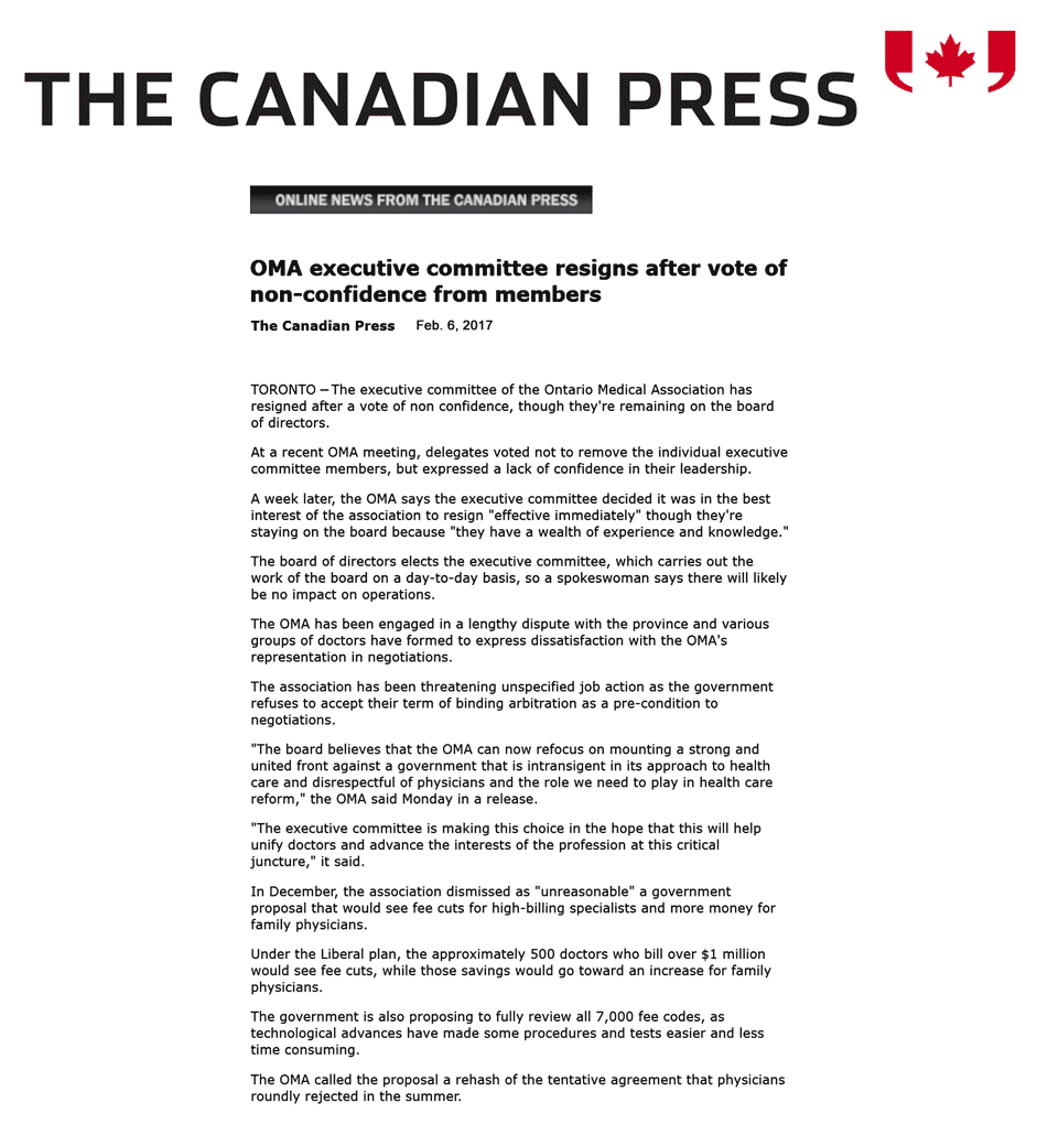 Canadian Press 2017-02-06 - OMA exec resigns